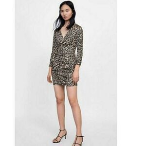Zara womens Sz XS black brown leopard rouched mini dress